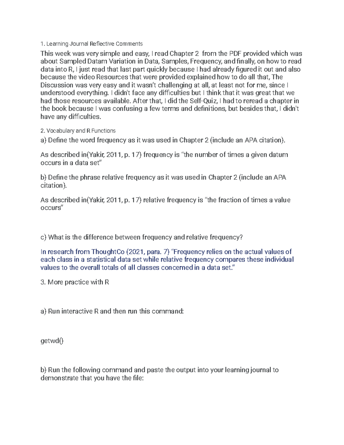 Learning Journal Statistics 2 - Learning Journal Reflective Comments ...
