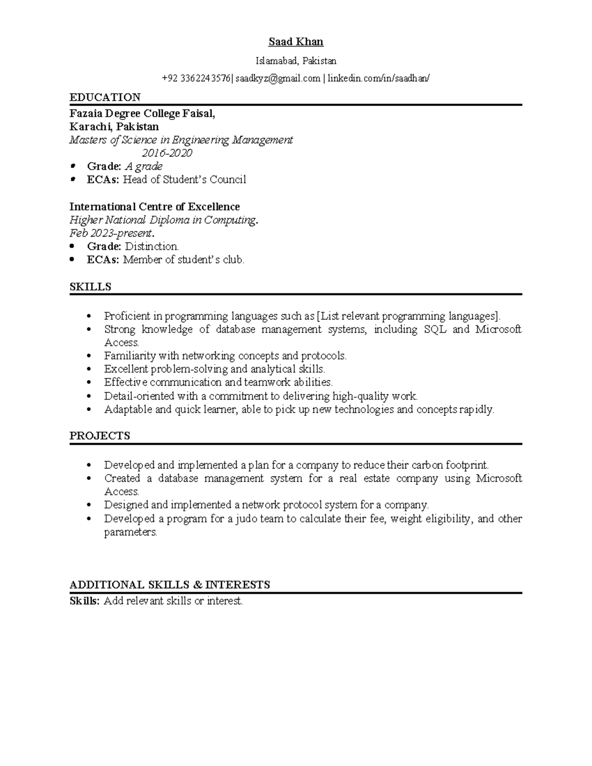 CV Example - Provides a view to create applicable CV - Saad Khan ...