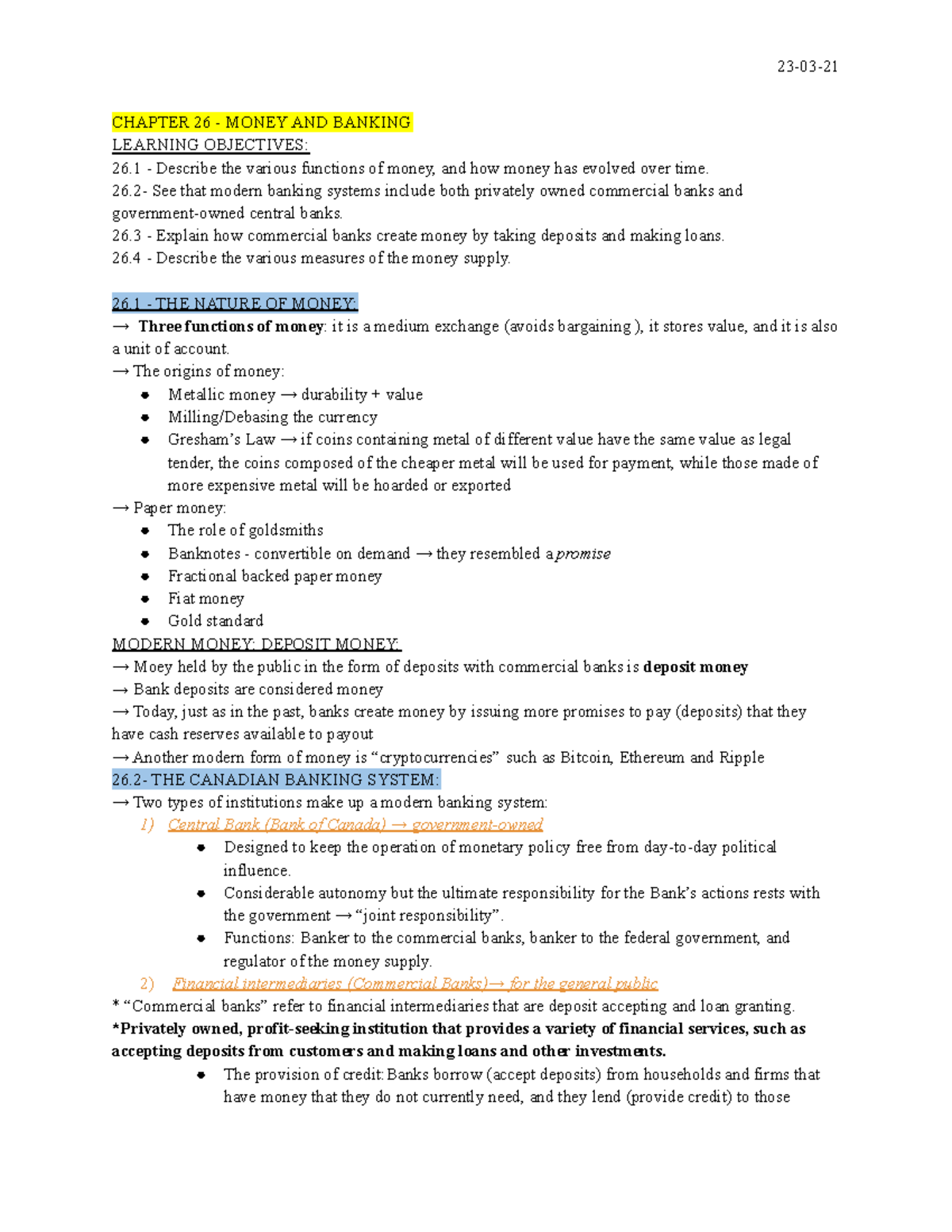 Ch. 26 money and banking CHAPTER 26 MONEY AND BANKING LEARNING