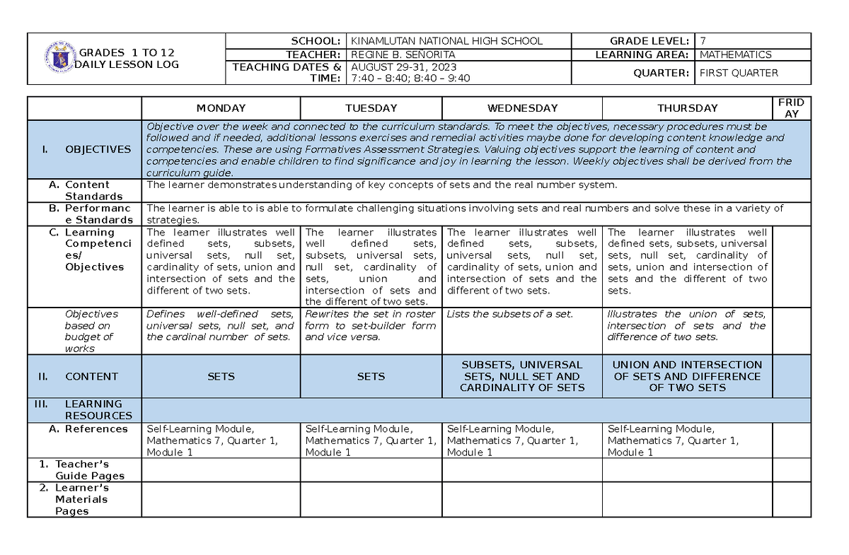 Week 1 (Aug. 29-31) - DLL in Mathematics - GRADES 1 TO 12 DAILY LESSON ...