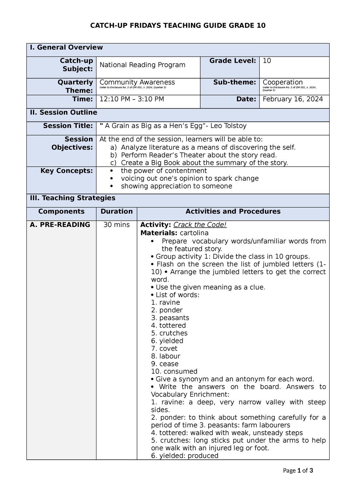 NRP-WEEK-3 - fOR COMPLETION - CATCH-UP FRIDAYS TEACHING GUIDE GRADE 10 ...