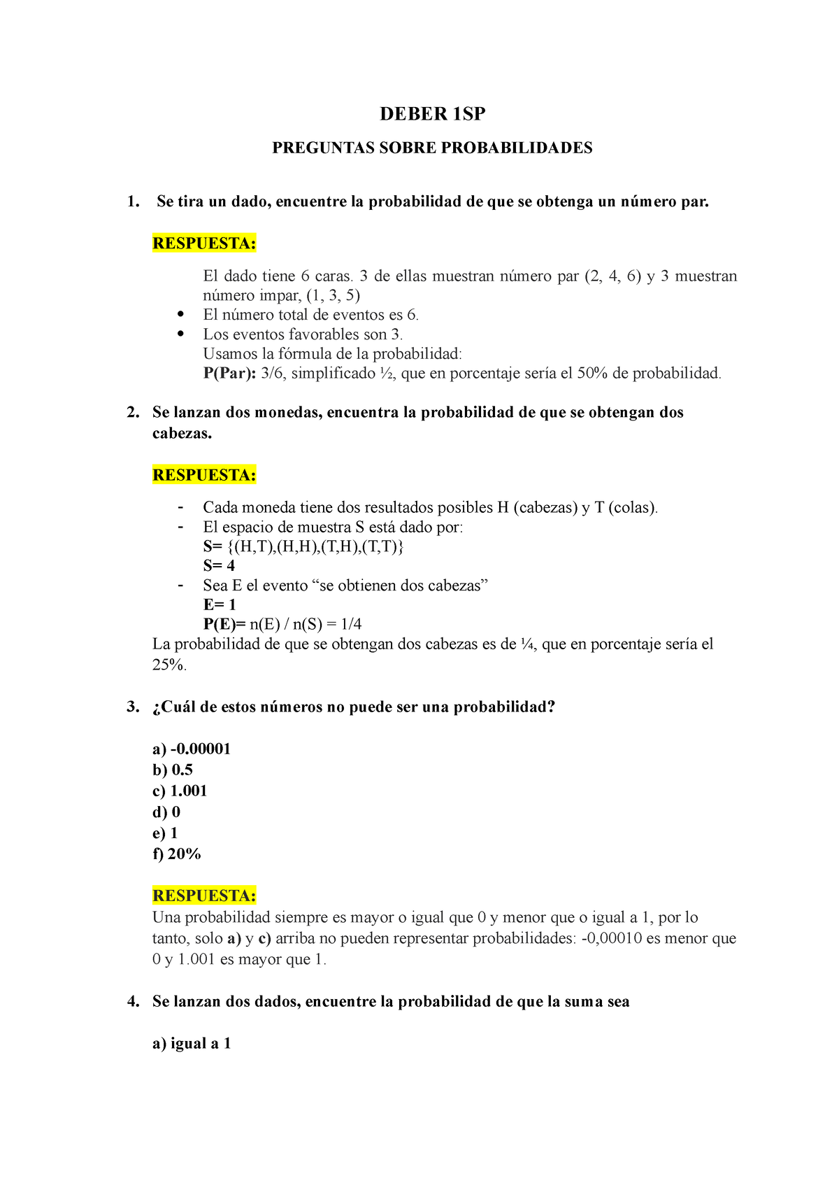 Deber 1SP - PROBABILIDADES - DEBER 1SP PREGUNTAS SOBRE PROBABILIDADES 1 ...