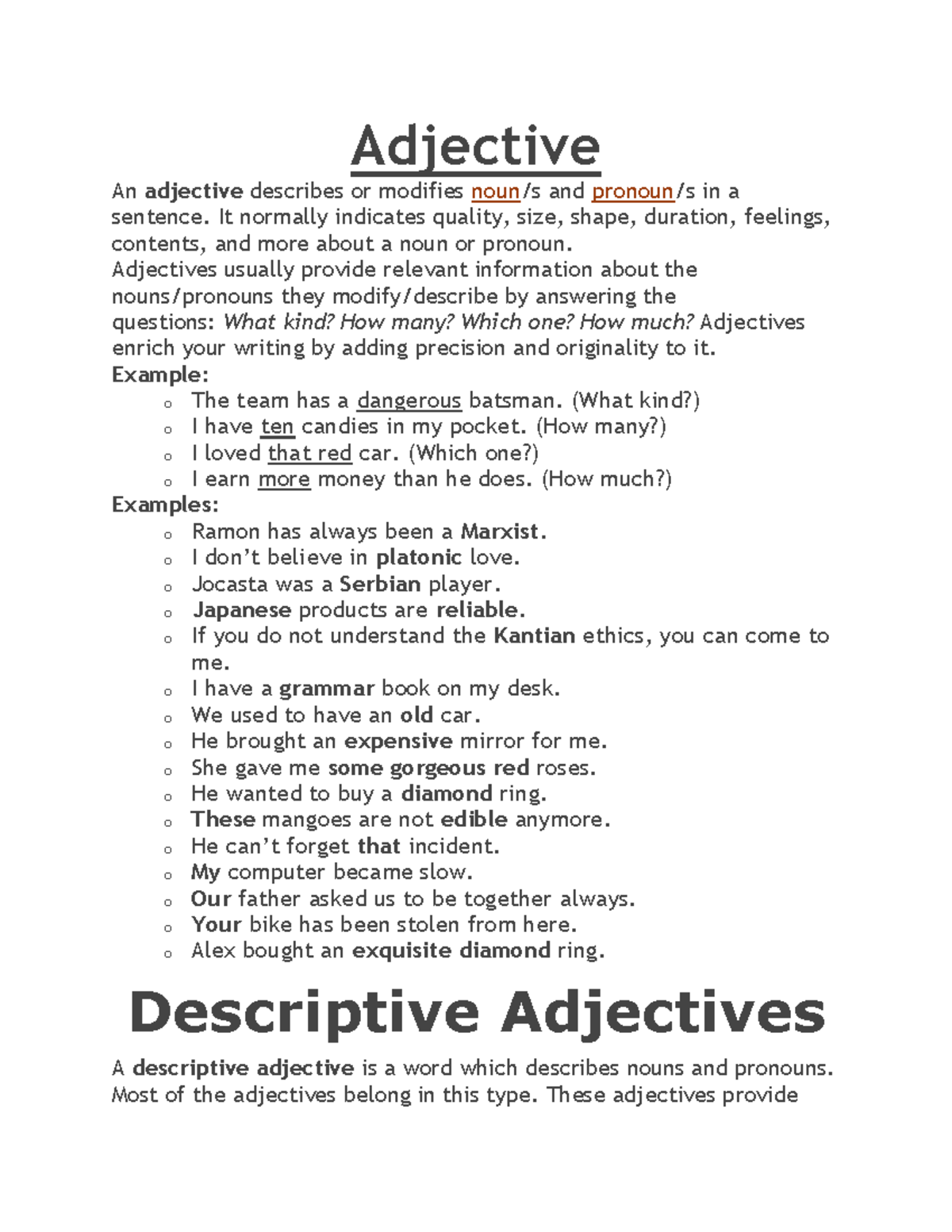 Document - helping material - Adjective An adjective describes or ...