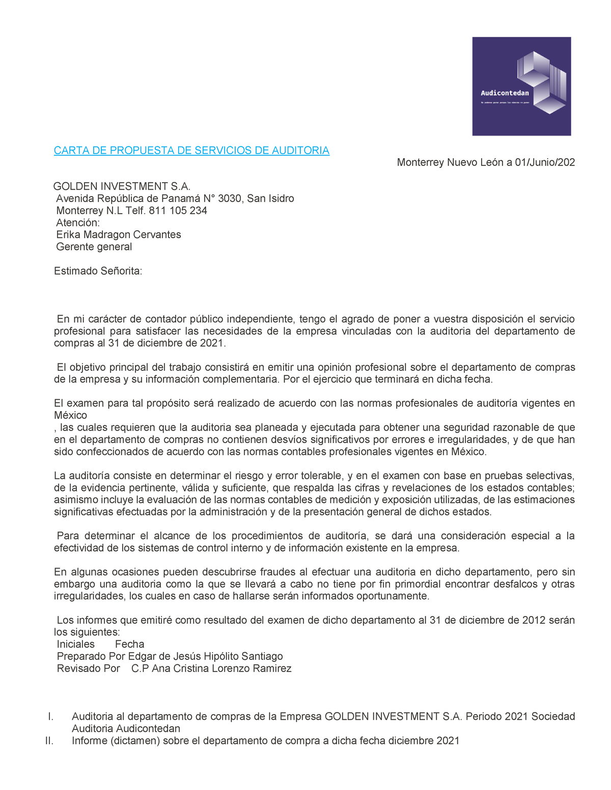Carta DE Propuesta DE Servicios DE Auditoria - CARTA DE PROPUESTA DE  SERVICIOS DE AUDITORIA - Studocu
