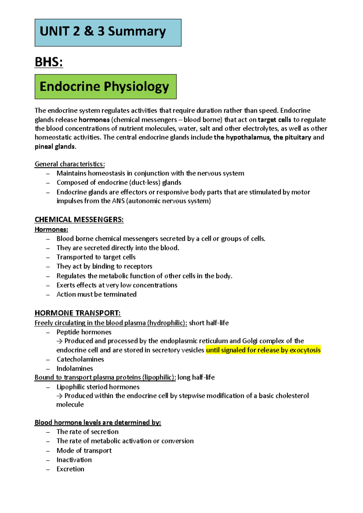 NB+TO+PASS+UNIT+2+and+3 - UNIT 2 3 Summary BHS: The endocrine system ...