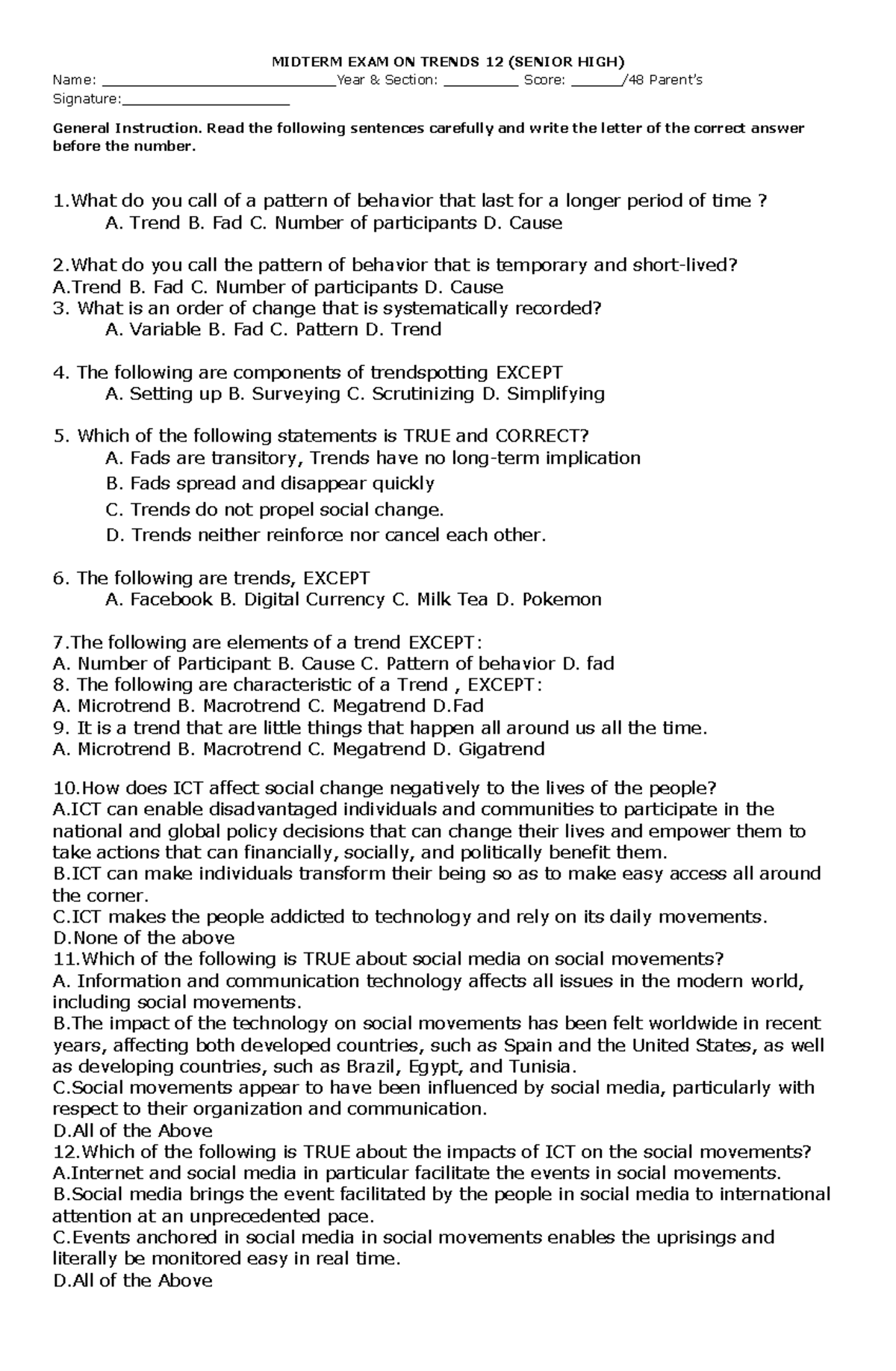 Midterm EXAM ON Trends - MIDTERM EXAM ON TRENDS 12 (SENIOR HIGH) Name ...