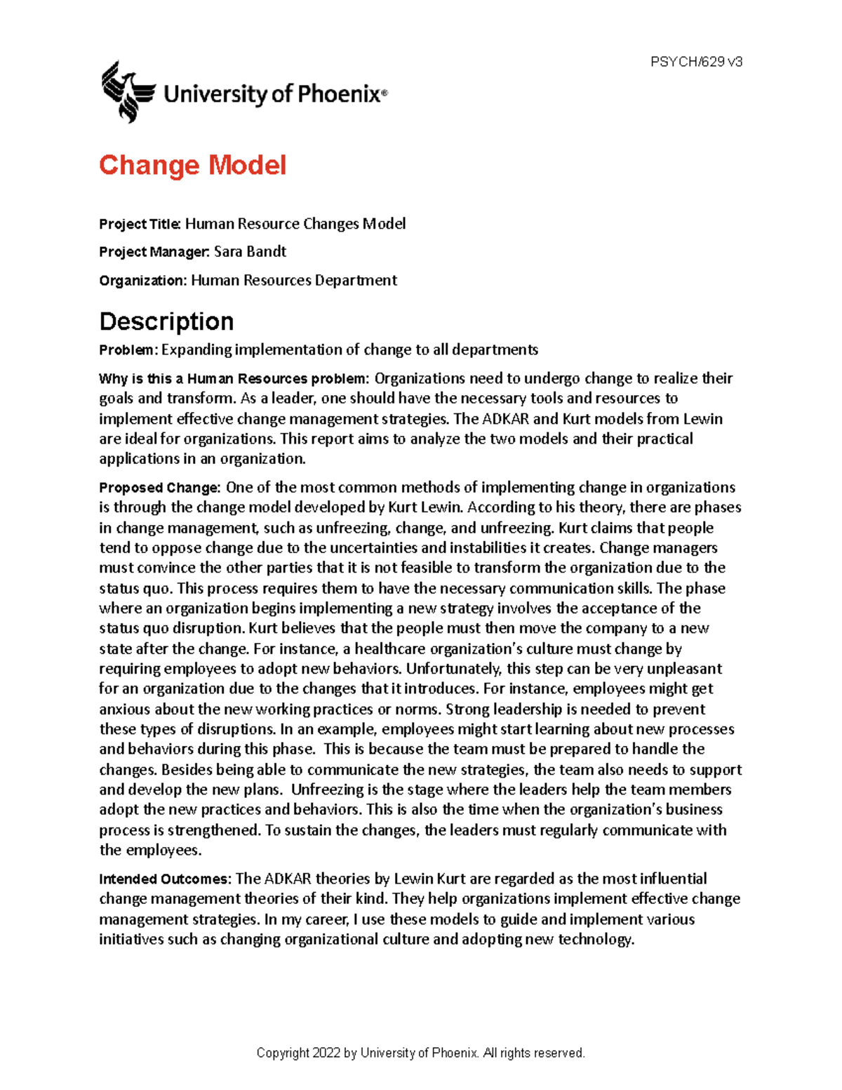 Change Management Model Application - PSYCH/629 v Change Model Project ...