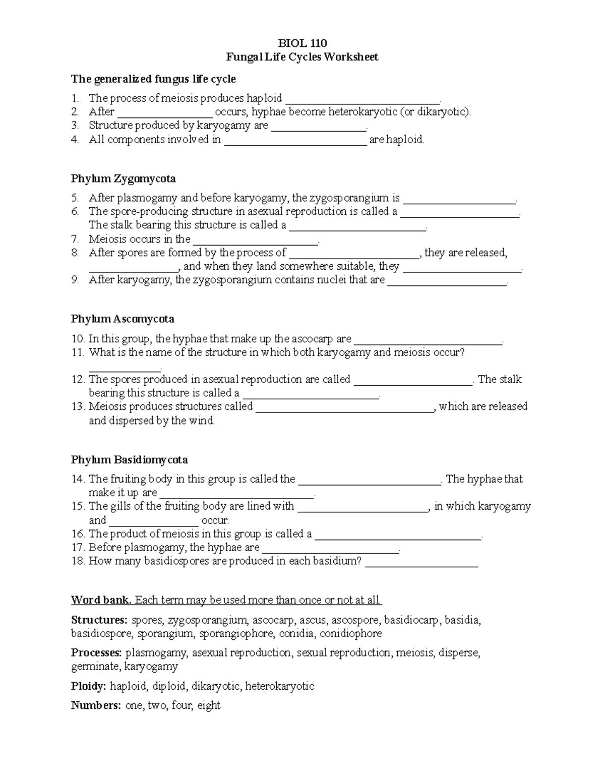 Fungi life cycles worksheet - BIOL 110 Fungal Life Cycles Worksheet The ...