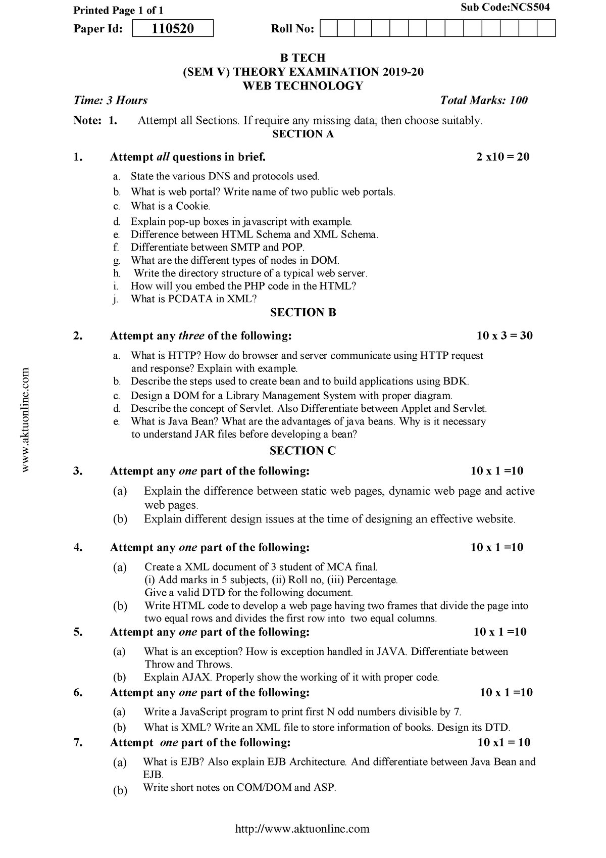 Btech Cs 5 Sem Web Technology Ncs504 2020 - Printed Page 1 Of 1 Sub ...