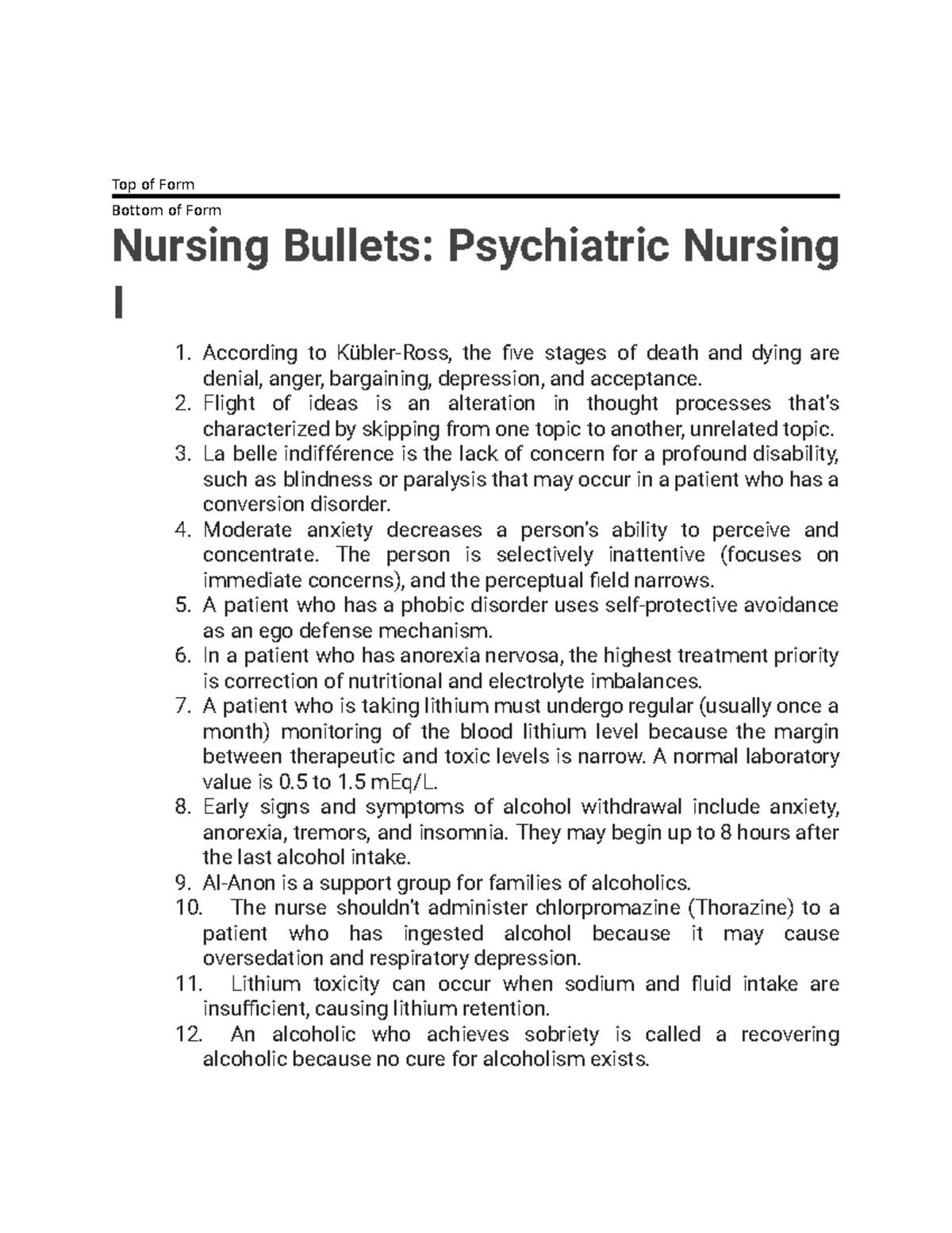 Psychiatric Nursing 1 Bullets - Top of Form Bottom of Form Nursing ...