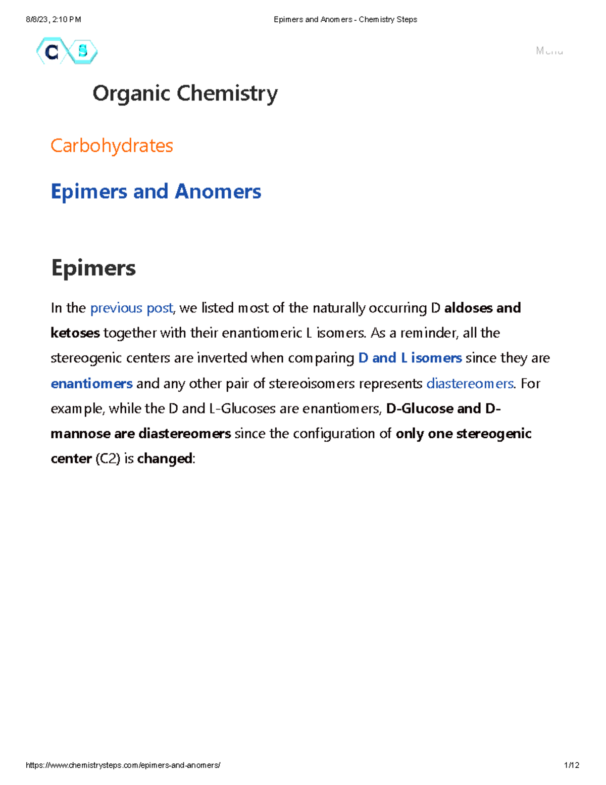 Epimers and Anomers - Chemistry Steps - carbohydrate - Studocu