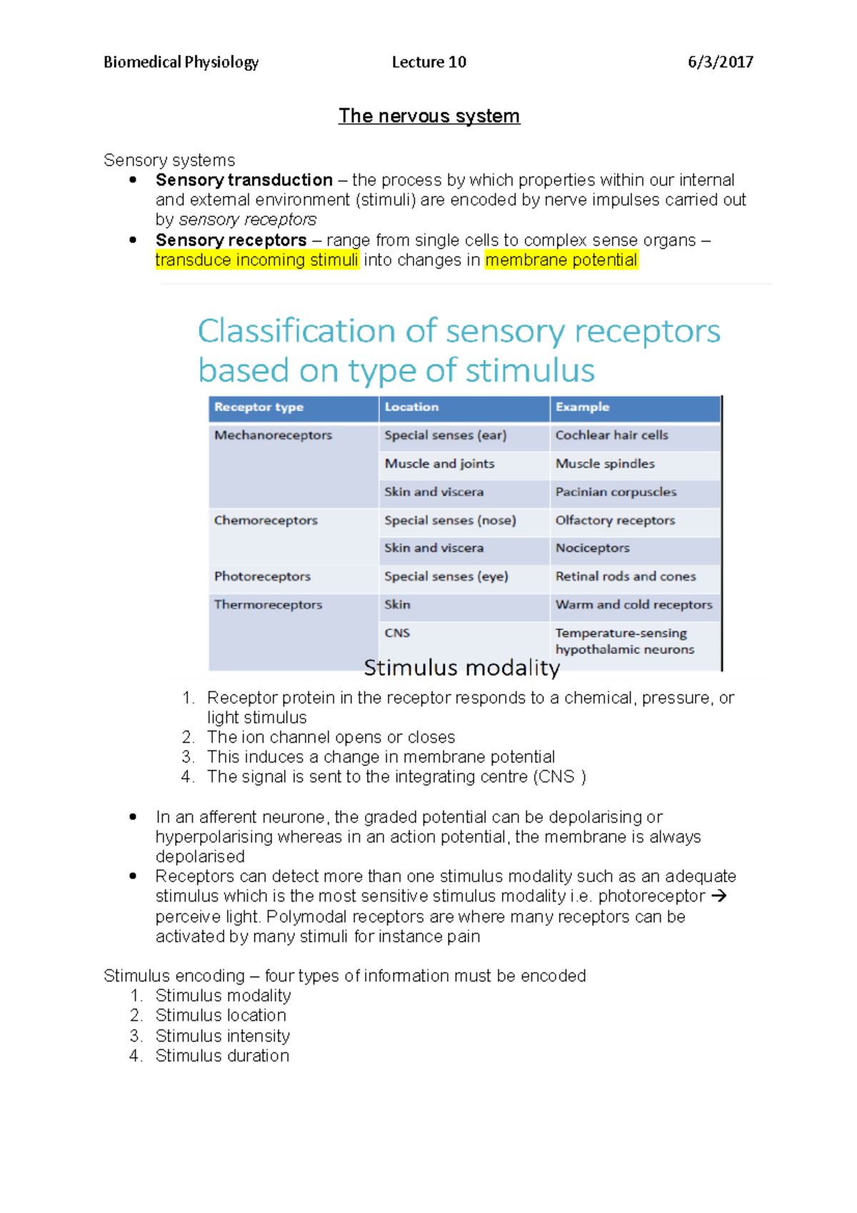 The nervous system - Lecture notes 4 - Biomedical Physiology Lecture 10 ...