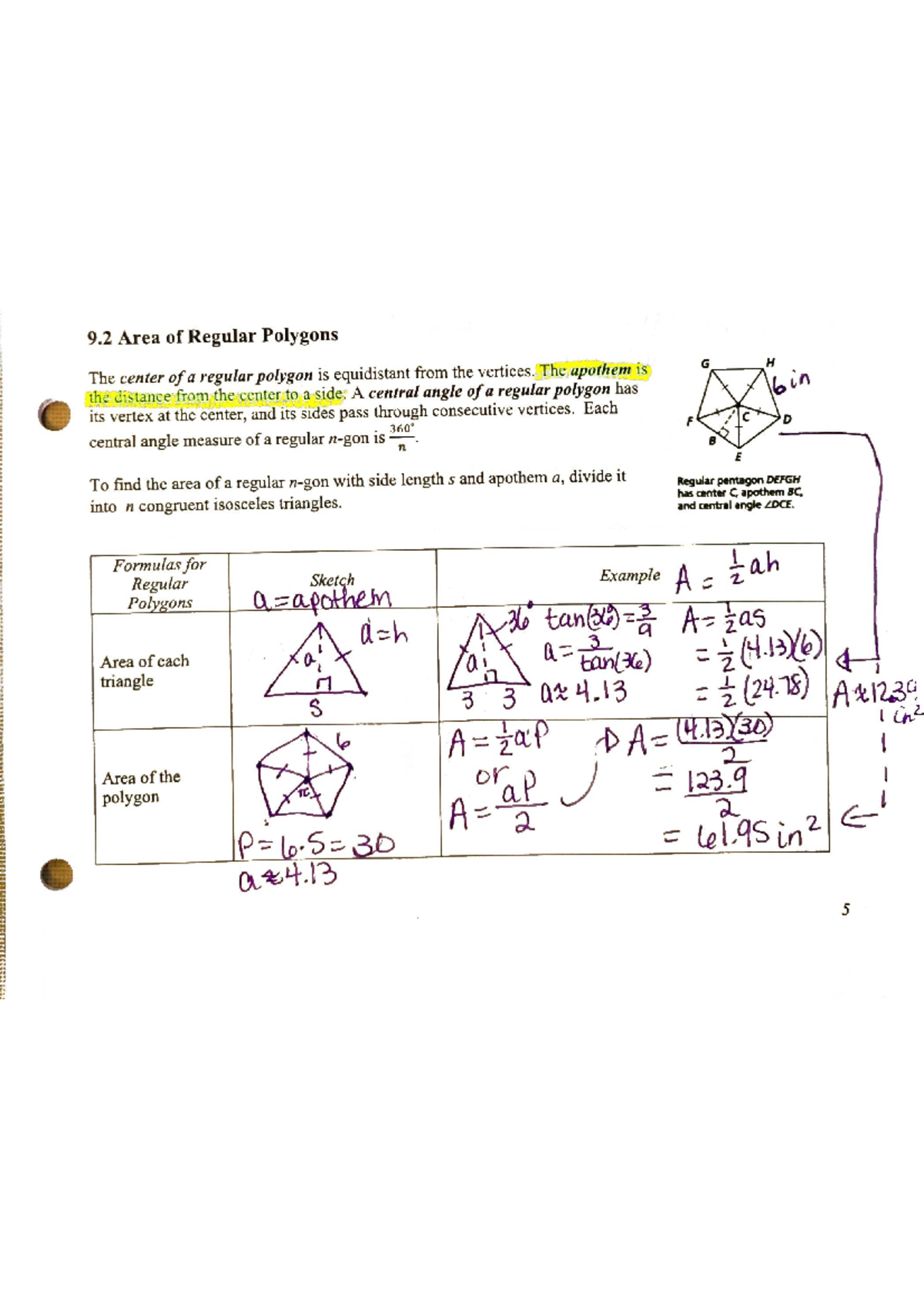 9.2 Regular Polgons notes - 9 Area of Regular Polygons G H The center ...