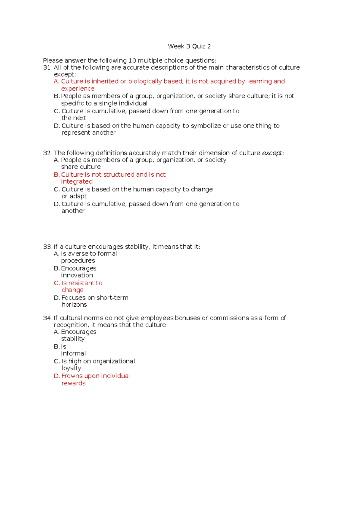 Week 3 Quiz2 Questions - Week 3 Quiz 2 Please Answer The Following 10 ...