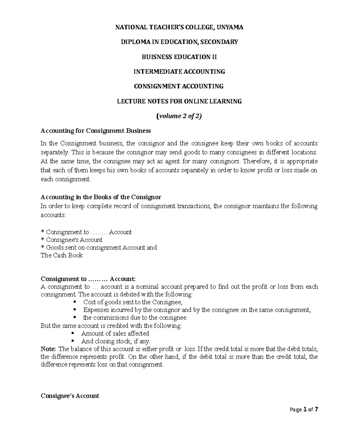 Lecture Notes ON Consignment Accounting ( Volume 2 OF 2) - NATIONAL  TEACHER'S COLLEGE, UNYAMA - StuDocu