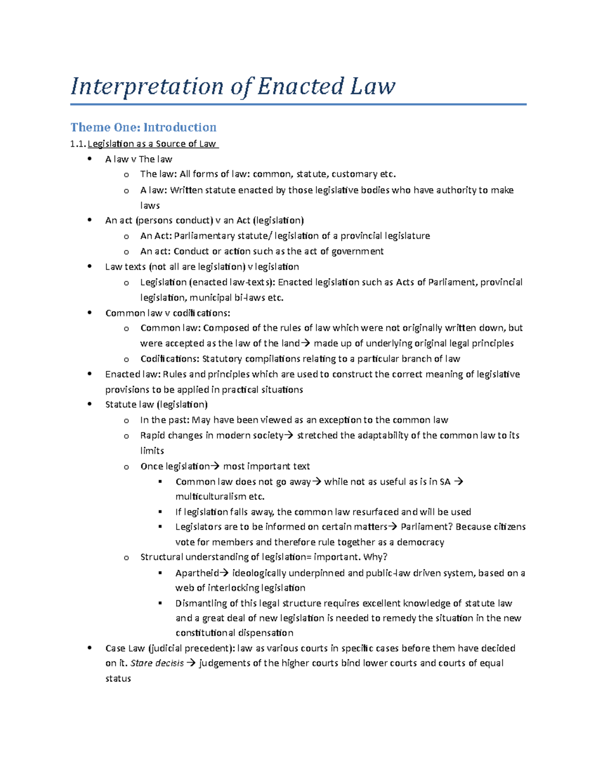 Interpretation of Enacted Law Notes Interpretation of Enacted One