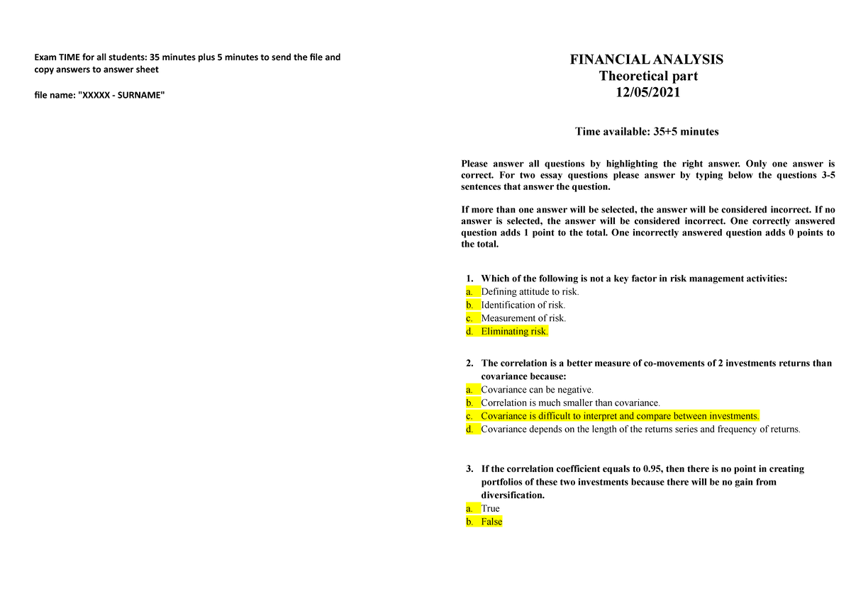 Financial Analysis Exam May 2020 theory with answers Exam TIME for