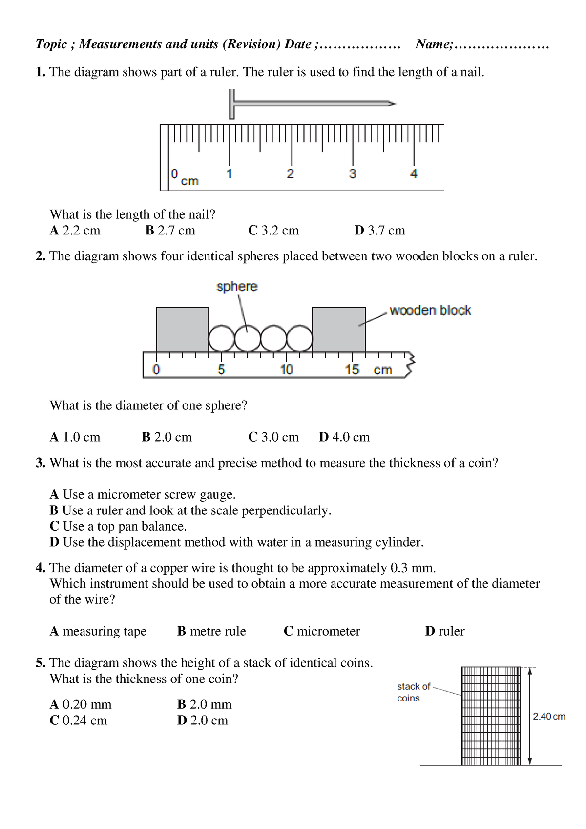 Chapter 1 Revision Mcq - Topic ; Measurements And Units (revision) Date