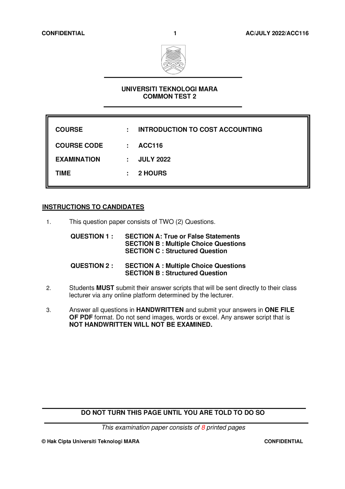 Qqqq Test 2 Acc116 July 2022 - Question - Universiti Teknologi Mara 