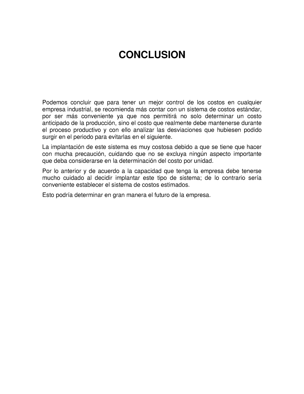 Conclusion Costos Estimados Y Estandar Docx Conclusion