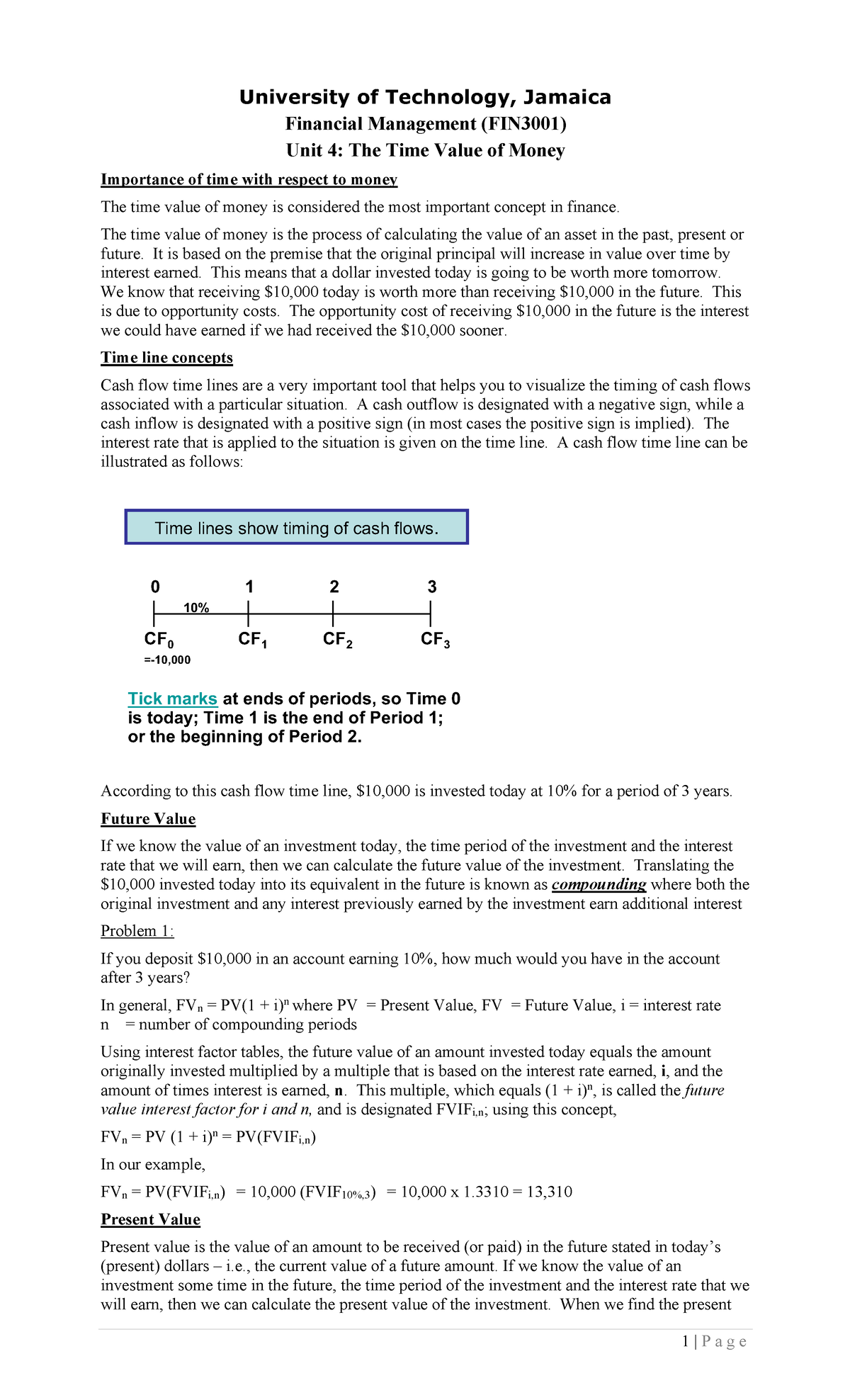 FM Unit 4 Lecture Notes - Time Value of Money - University of ...