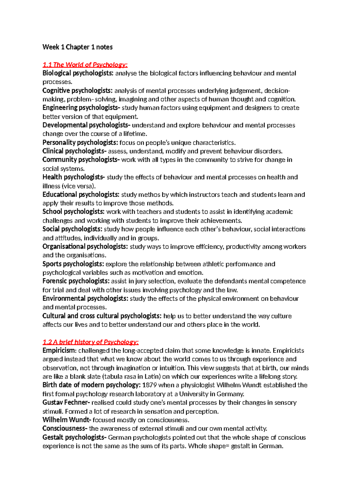 Wk 1 notes - Summary Bachelor of Psychology - Week 1 Chapter 1 notes 1 ...