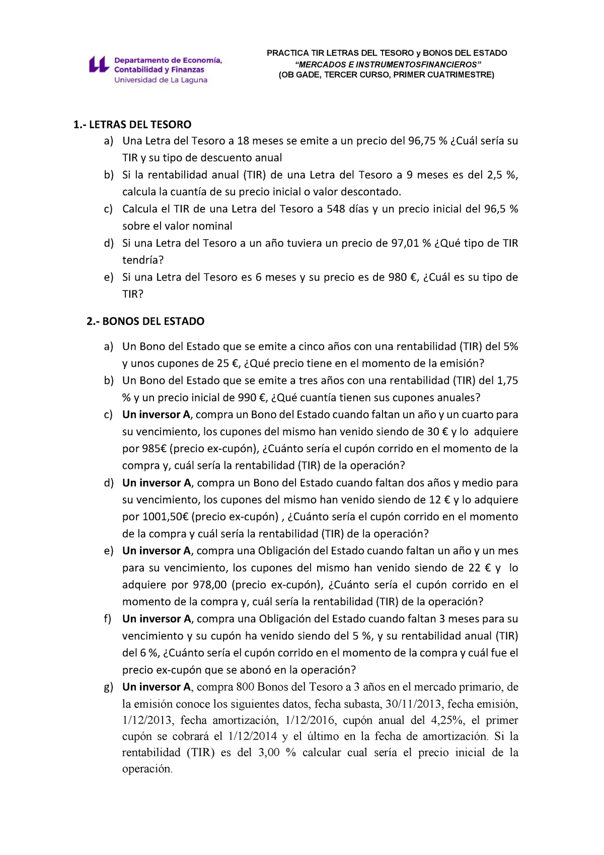 Ficha Practica Primera Mif Practica Tir Letras Del Tesoro Y Bonos Del Estado Mercados