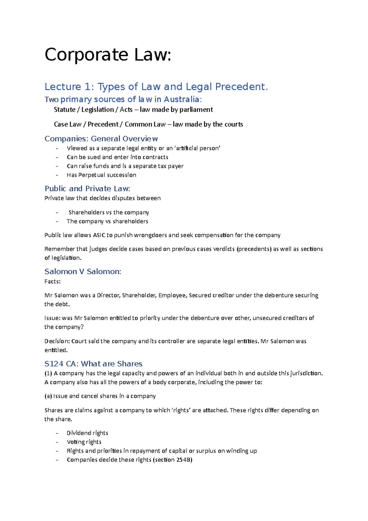 Corporate Law Notes - Corporate Law: Lecture 1: Types of Law and Legal ...