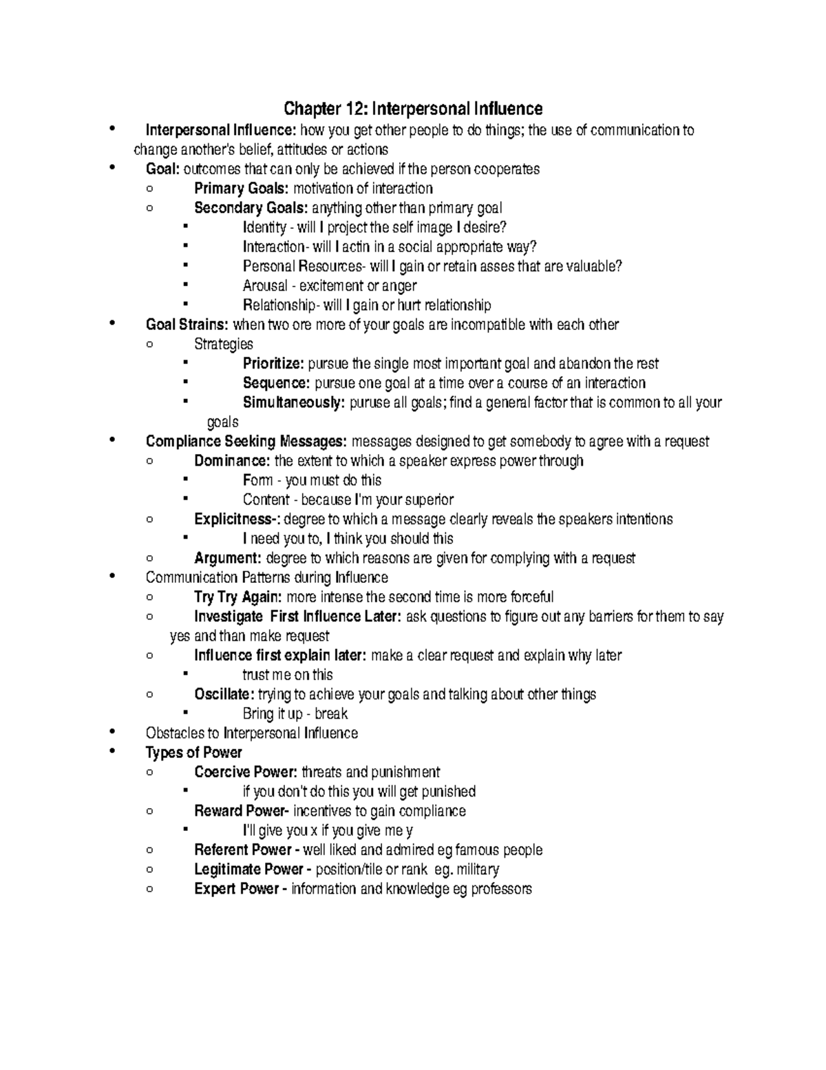 Unit 4 Chapter 12 Class Notes - Chapter 12: Interpersonal Influence ...