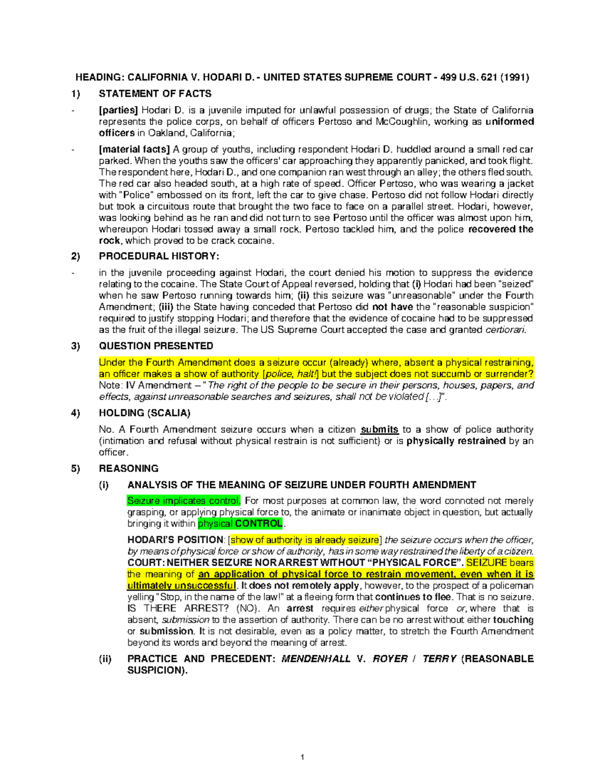 Case brief crim. proc. Hodari v. California - stop and frisk - 1 ...