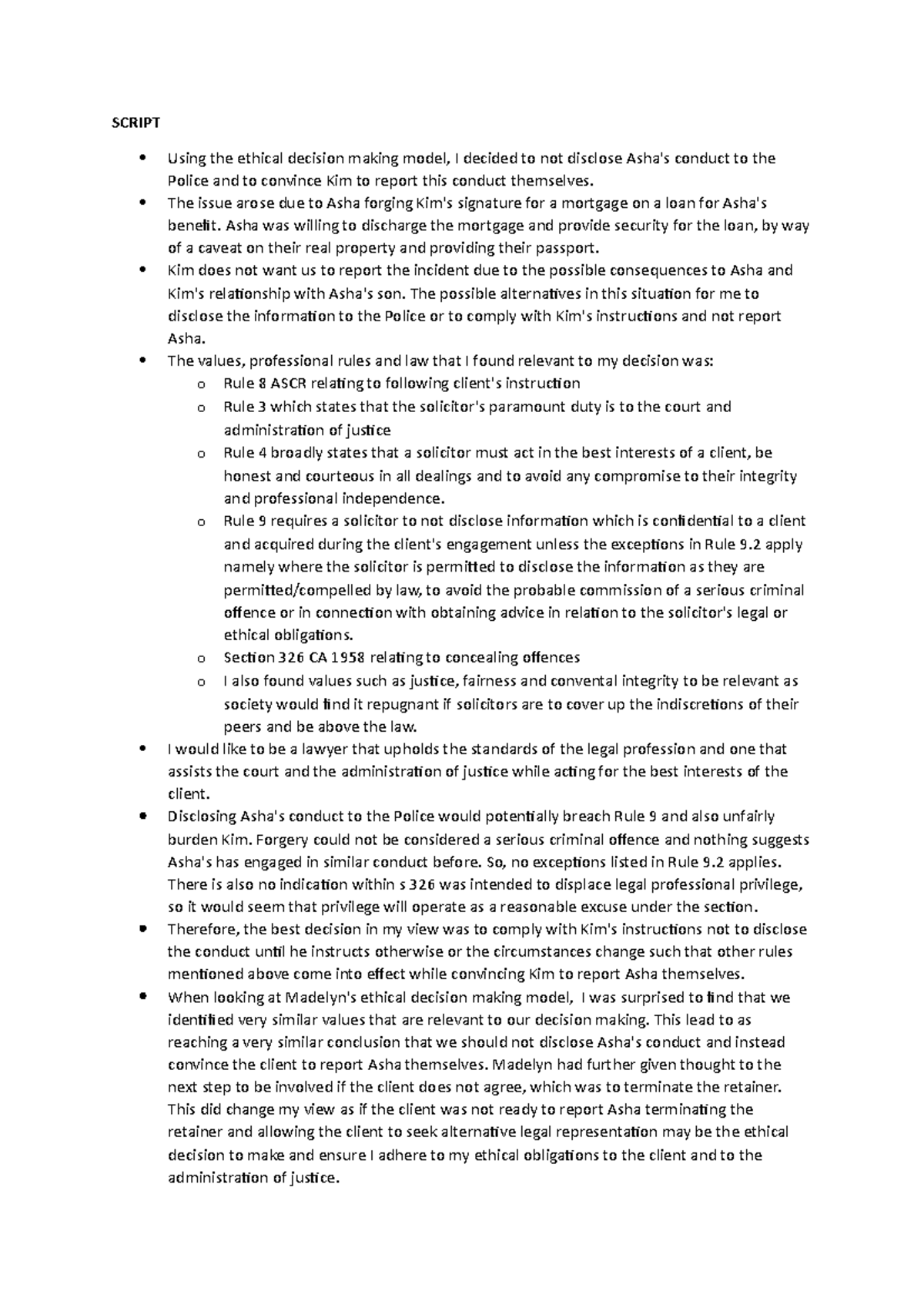 Activity 1.1 - Script - SCRIPT Using the ethical decision making model ...
