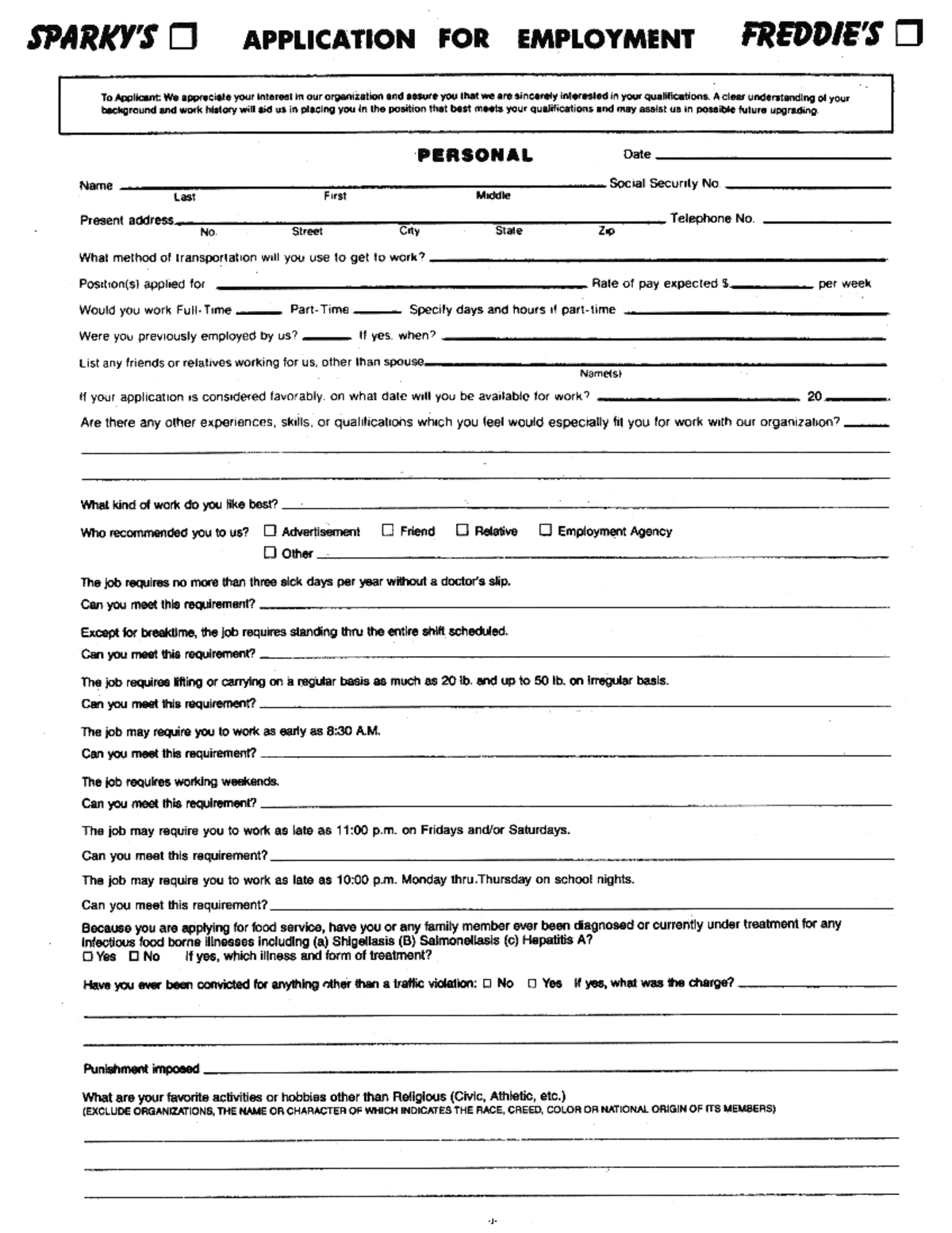 Sparky's Application - it good notes - APPLICATION FOR EMPLOYMENT To ...
