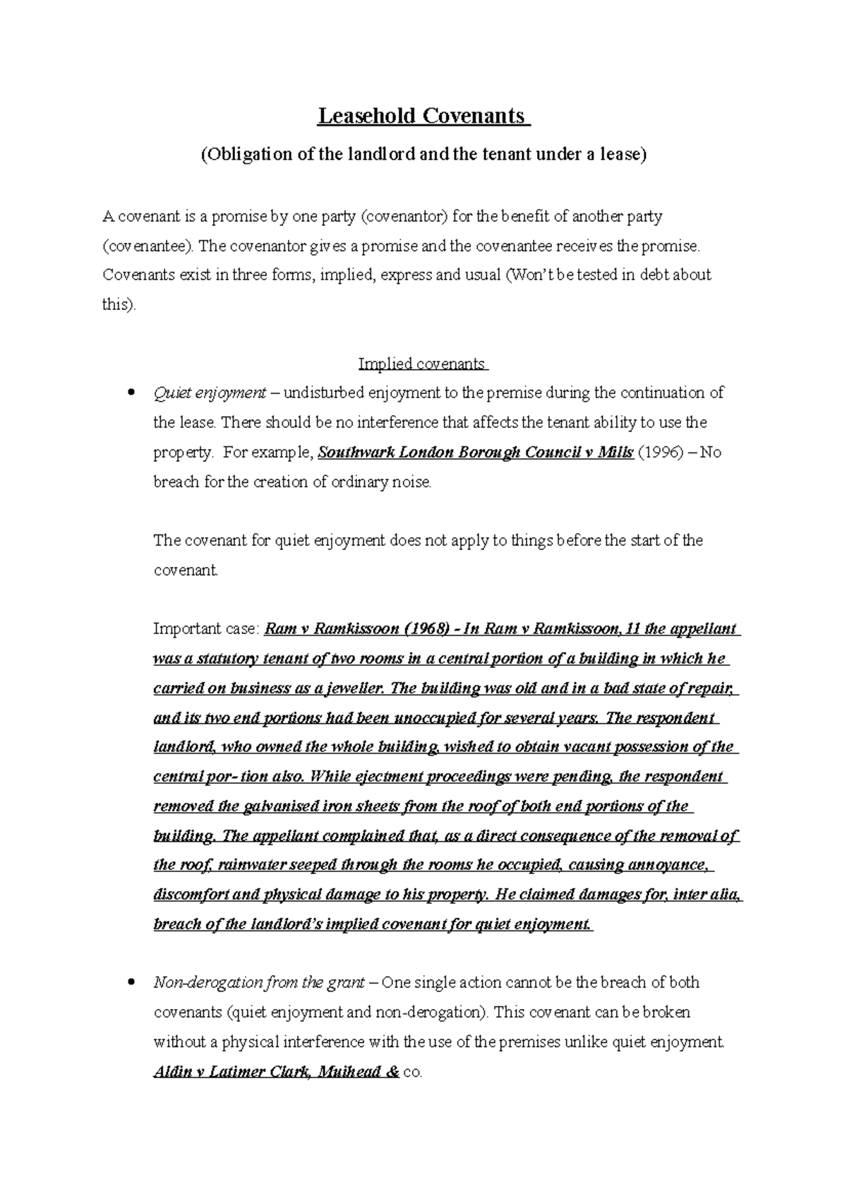 Leasehold Covenants Its Not Comprehensive Leasehold Covenants Obligation Of The Landlord And Studocu