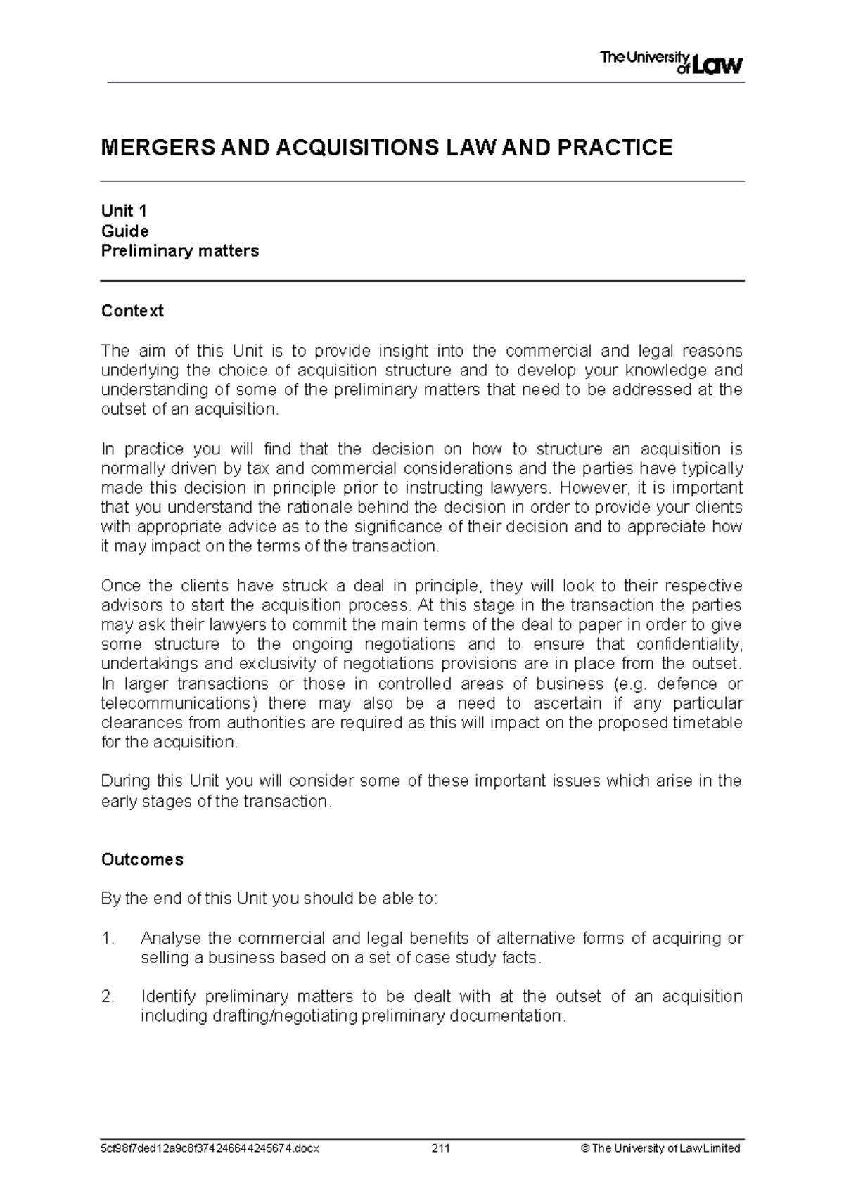 2223 macq ws01 ce01 guide - MERGERS AND ACQUISITIONS LAW AND PRACTICE ...
