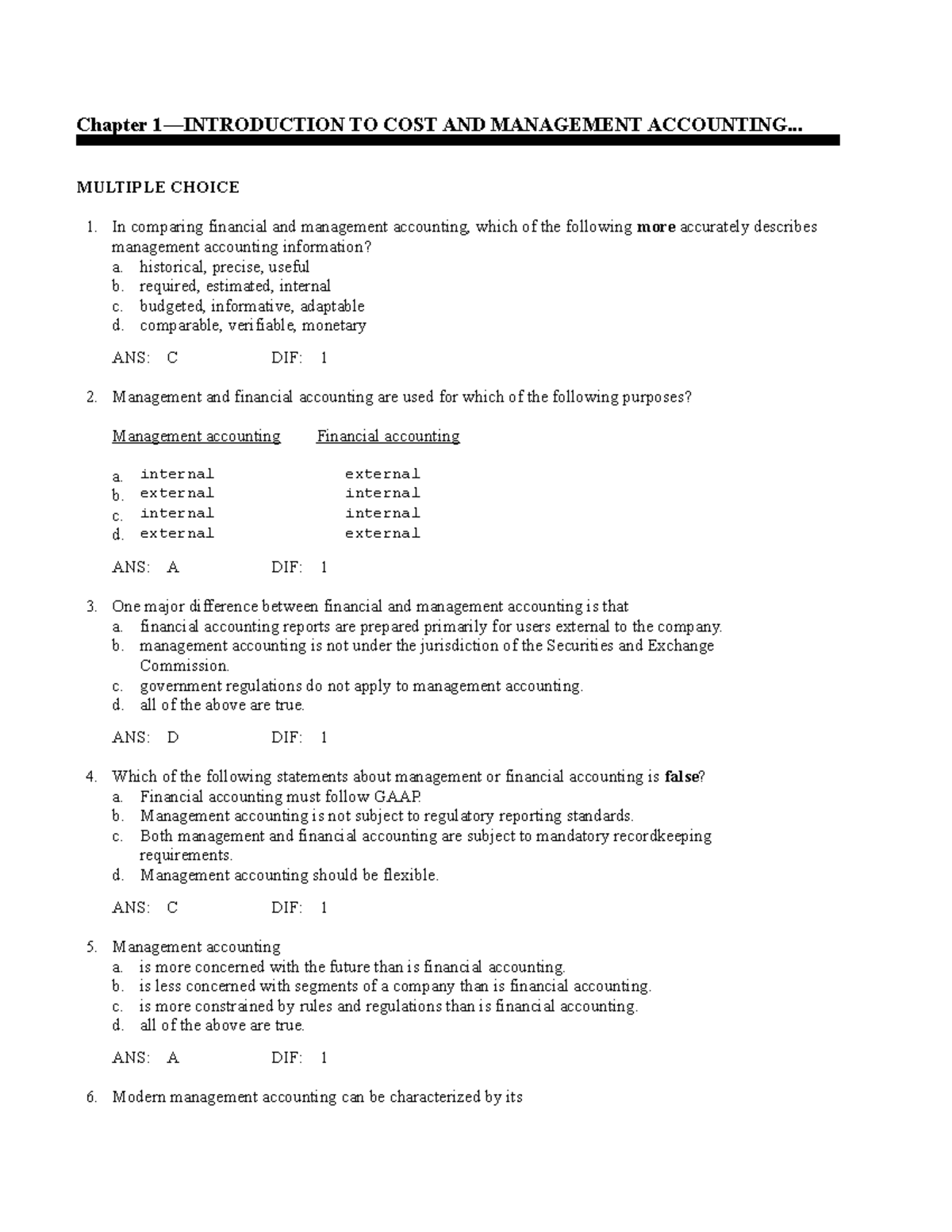 Chapter 1— Introduction TO COST AND Management Accounting - Chapter 1 ...