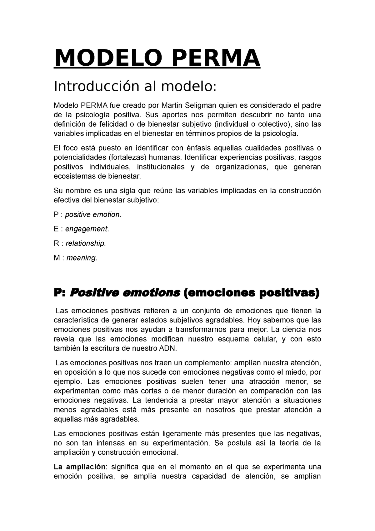 Modelo Perma - MODELO PERMA Introducción al modelo: Modelo PERMA fue creado  por Martin Seligman - Studocu