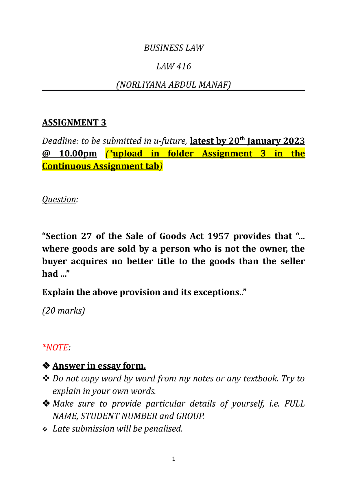 assignment law299 sale of goods