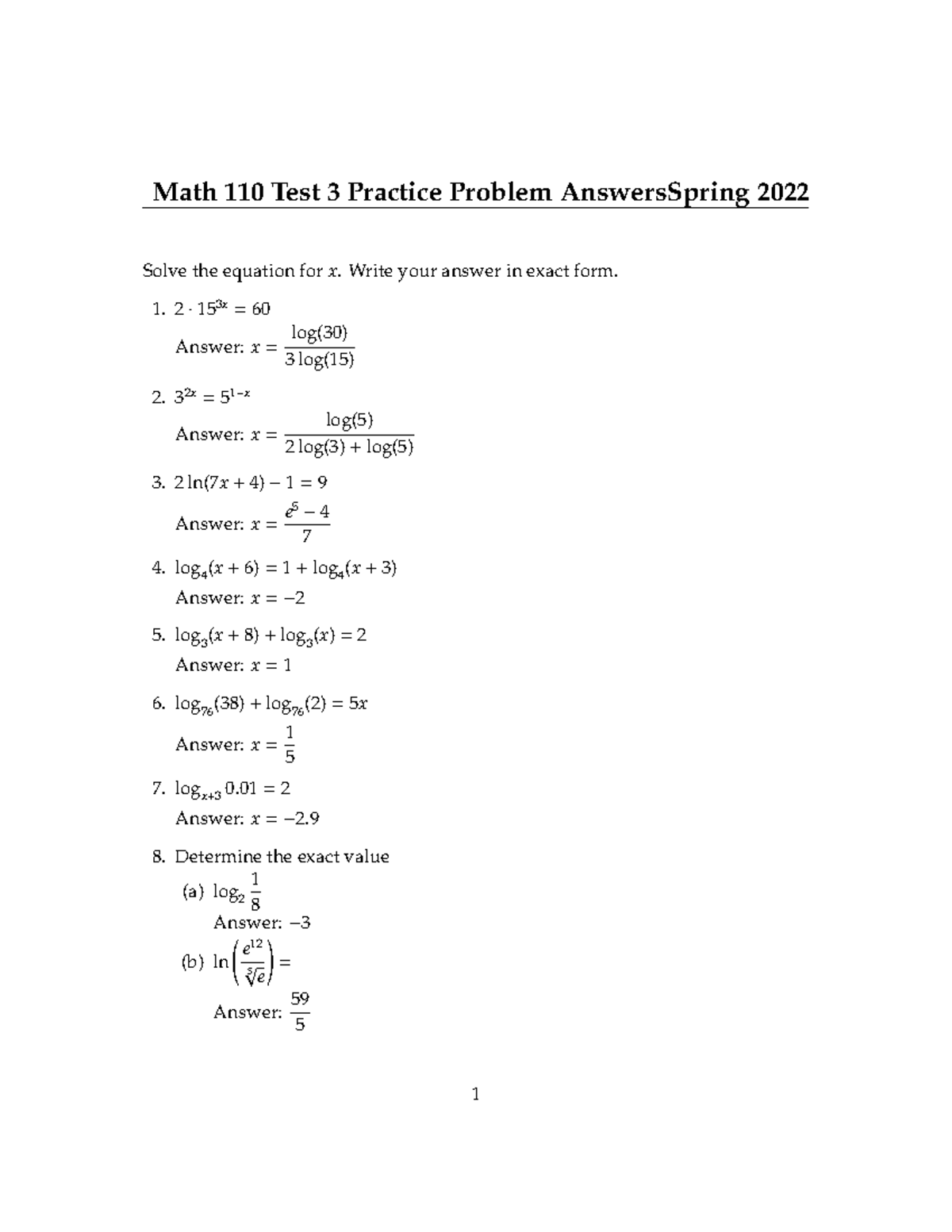 MATH 110 Test 3 Review Key - Math 110 Test 3 Practice Problem ...