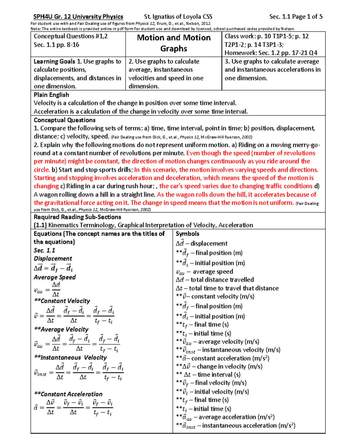 U1D2-01 SPH4U (1.1) Motion and Motion Graphs - For student use with and ...