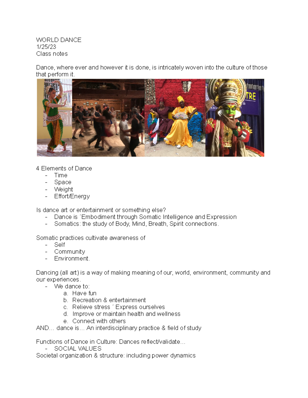 World Dance - Prof Daughtridge - WORLD DANCE 1/25/ Class notes Dance ...
