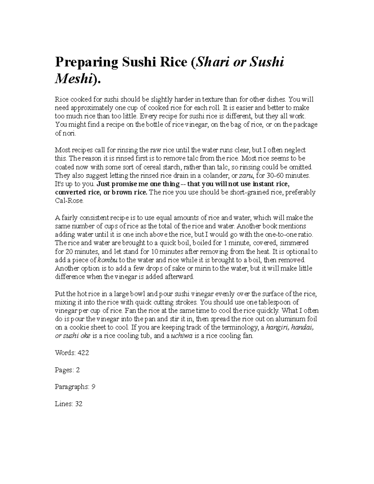 Sushi Rice Solution - full release notes from lecturer with detail info ...