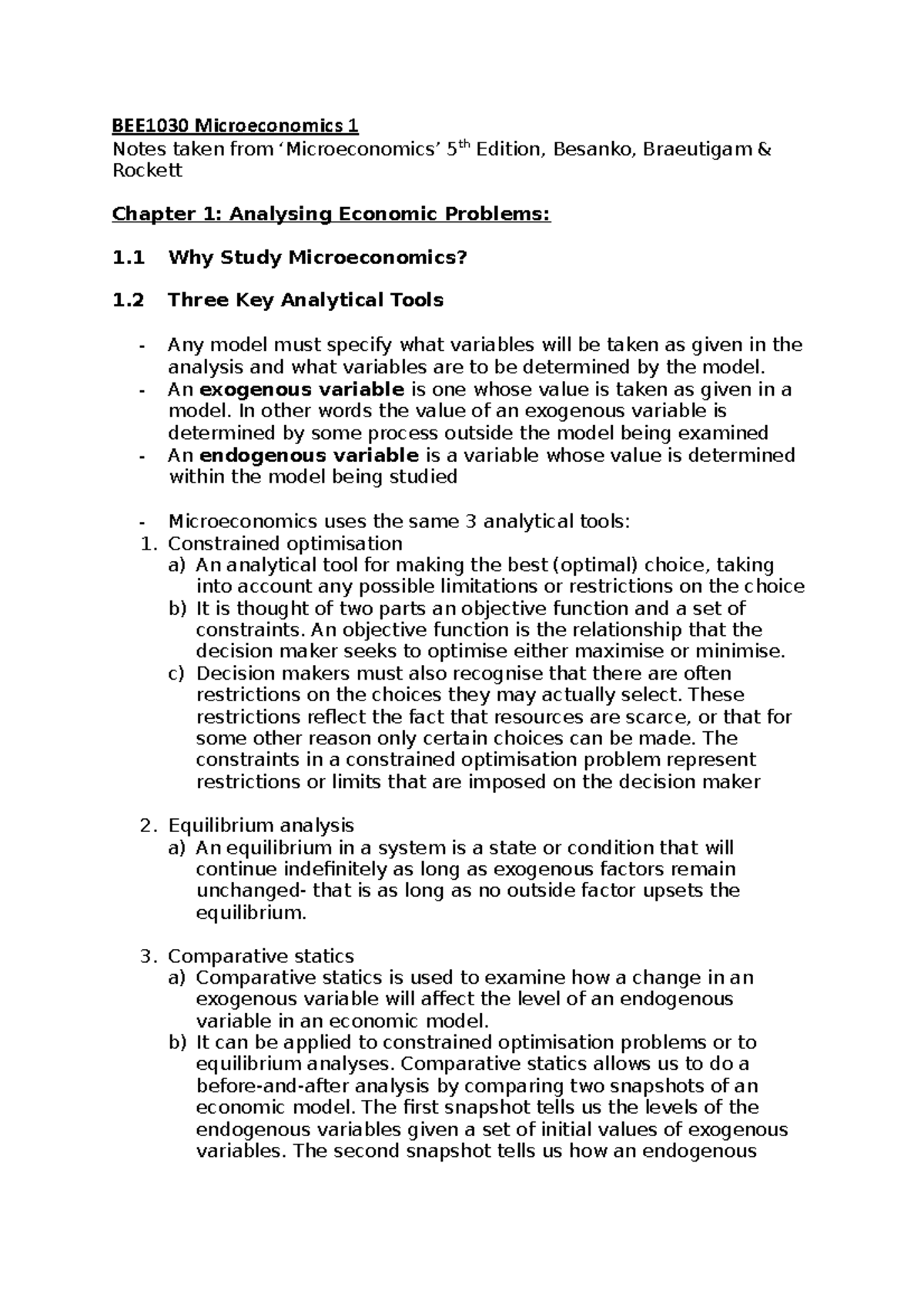 Chapter 1 & 2 - BEE1030 Microeconomics 1 Notes taken from ...