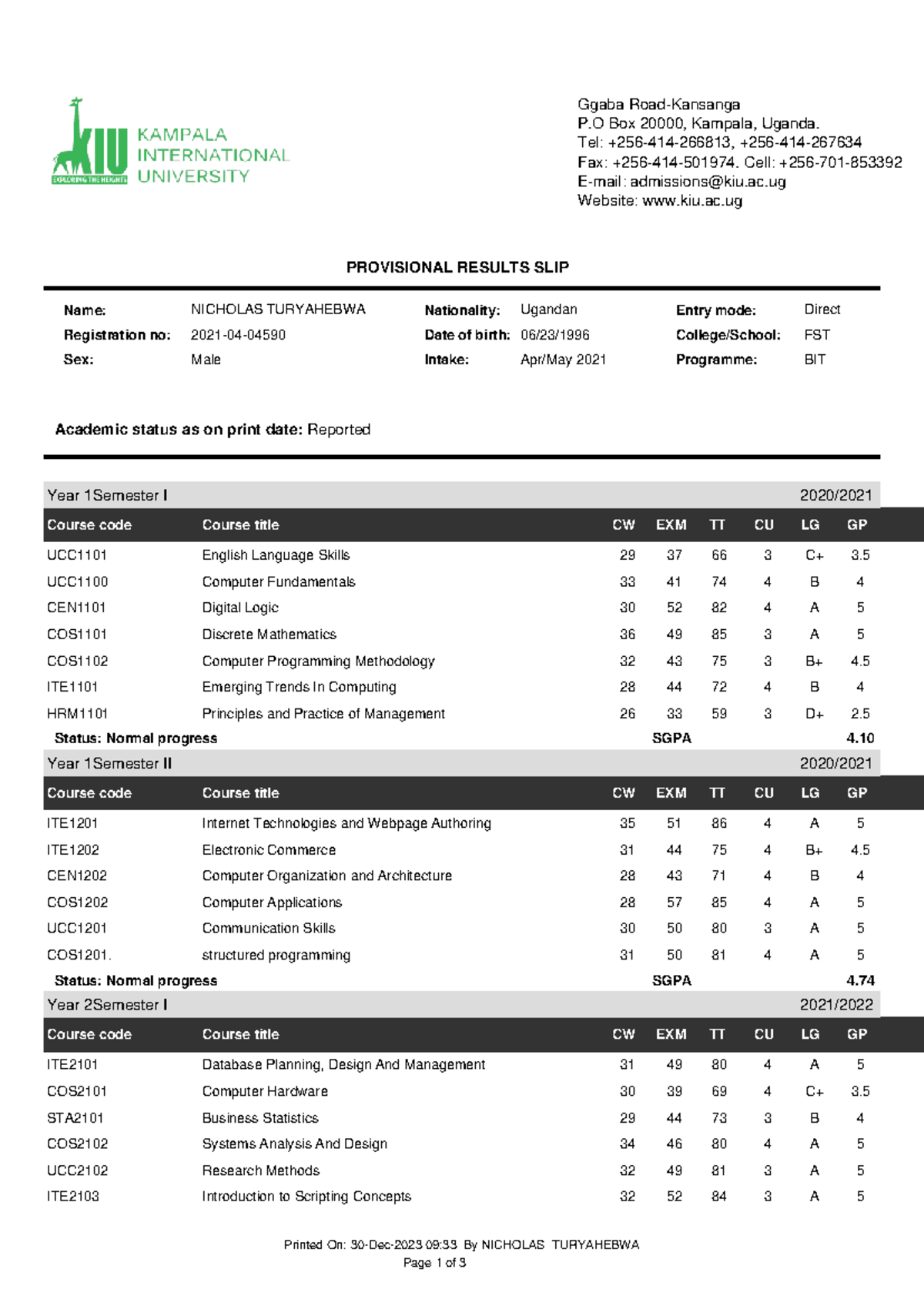 Student result slip 30Dec202309 Dec - Ggaba Road-Kansanga P Box 20000 ...