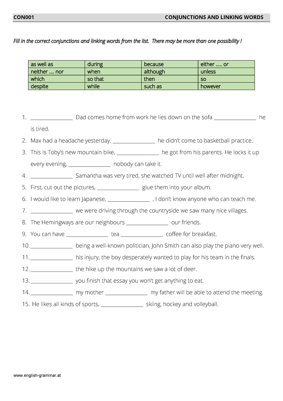 Linking Words - Ejercicios para repasar el examen. - english-grammar ...