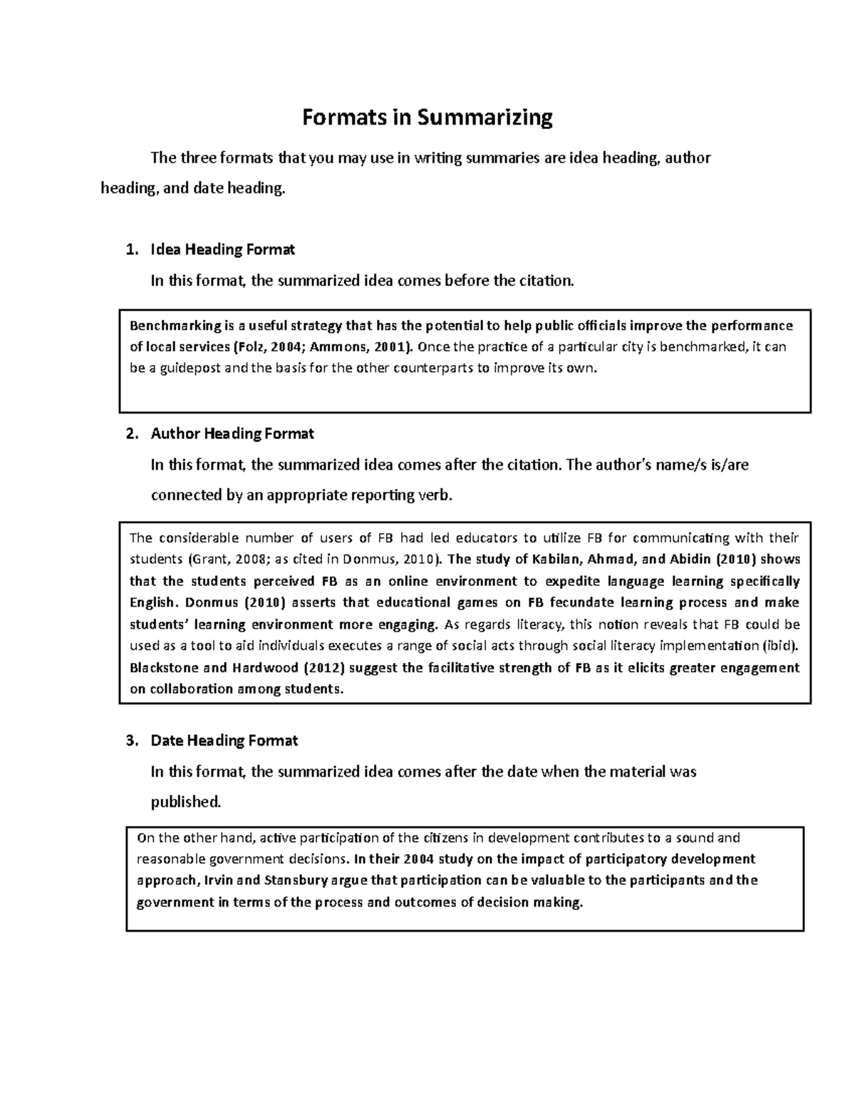 Formats in Summarizing Jum - Formats in Summarizing The three formats ...