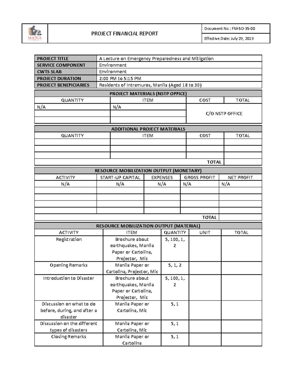 Project Financial Report - PROJECT FINANCIAL REPORT Document No.: FM-SO ...