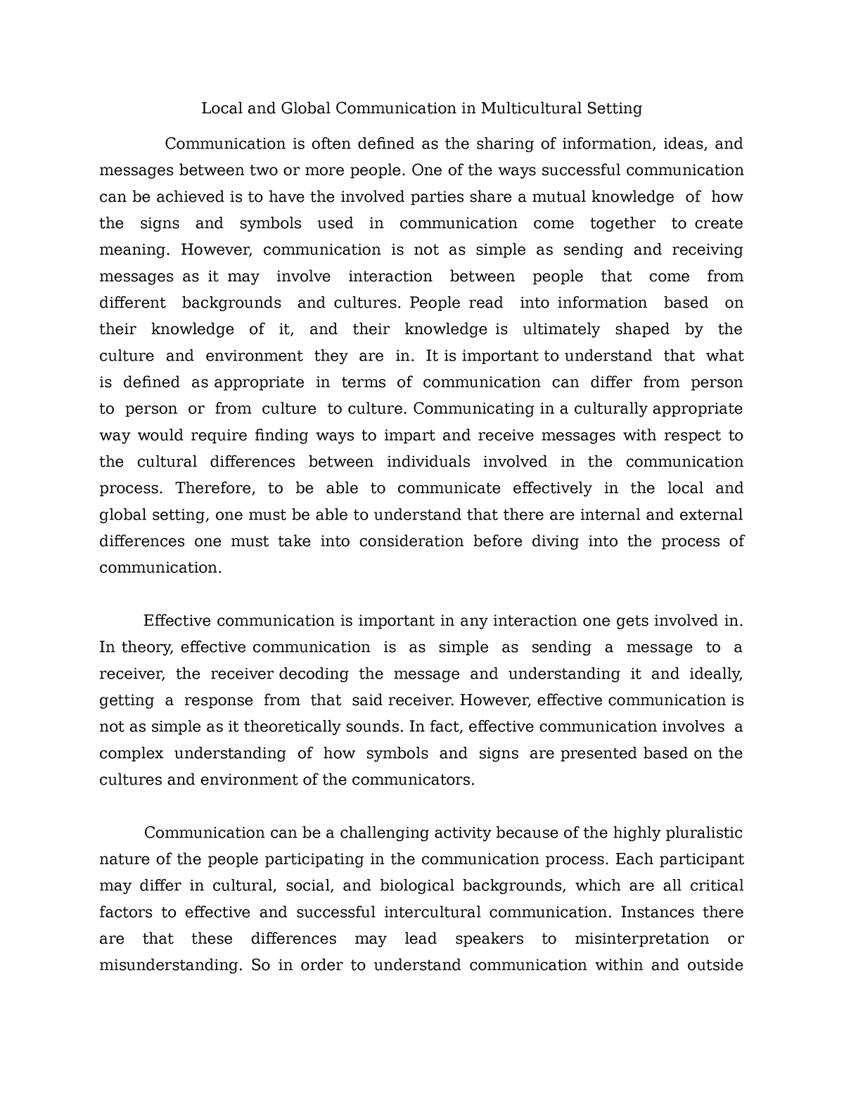 essay about communication in multicultural setting