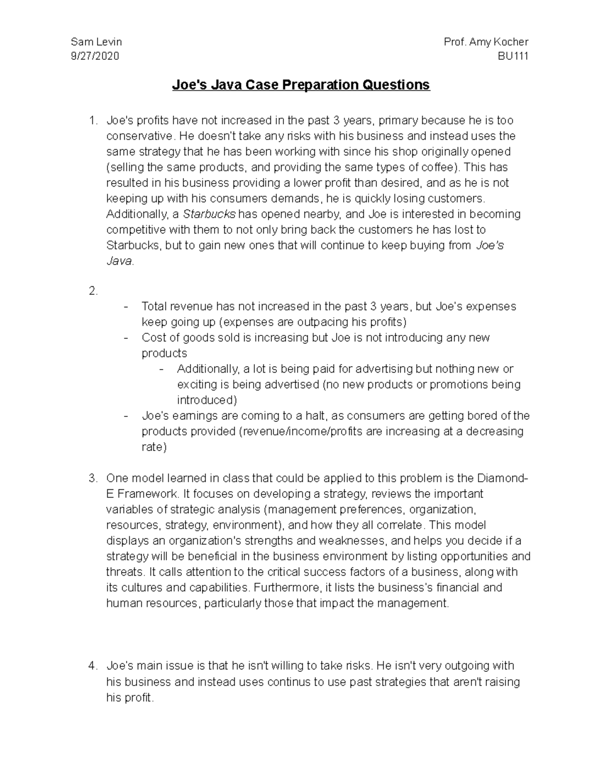 Joe's Java Case Preparation Questions - 9/27/2020 BU Joe's Java Case ...