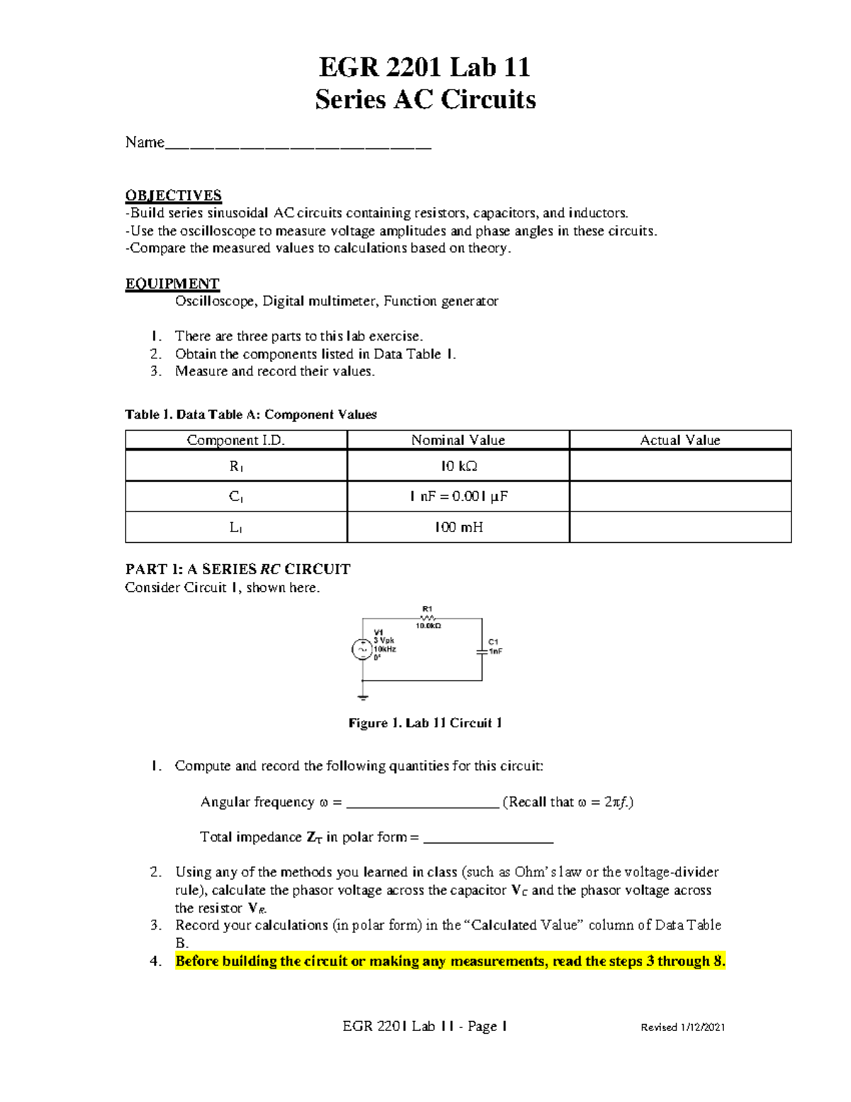 EGR 2201 Circuit LAB 11 Series AC Circuits Name