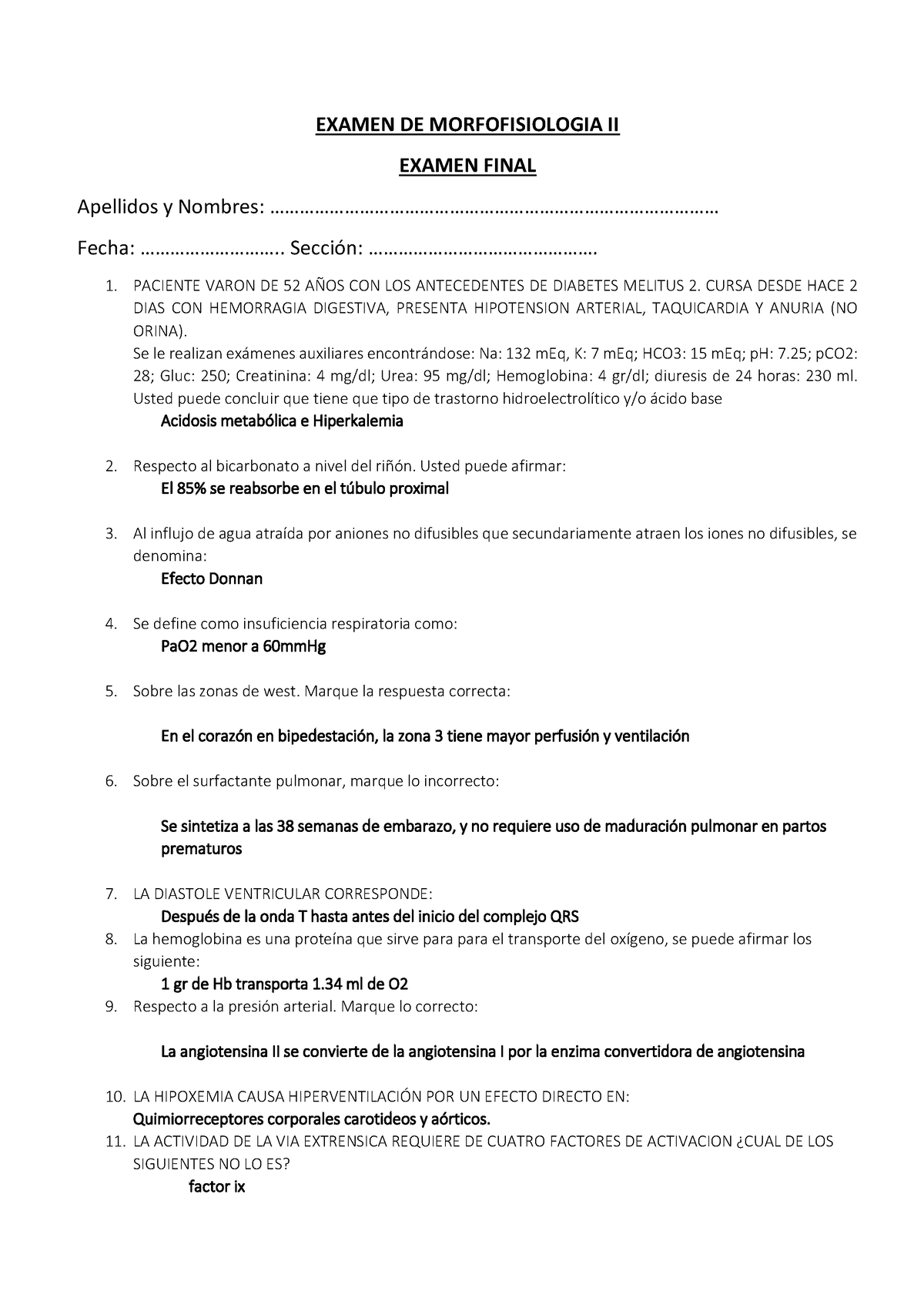 Examen Parcial Final Con Claves Alumnos II Morfofisiologia II EXAMEN DE MORFOFISIOLOGIA